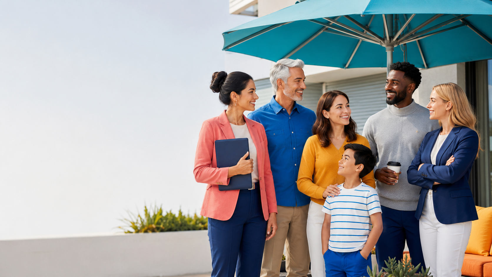 Families and professionals gathered beneath a turquoise umbrella